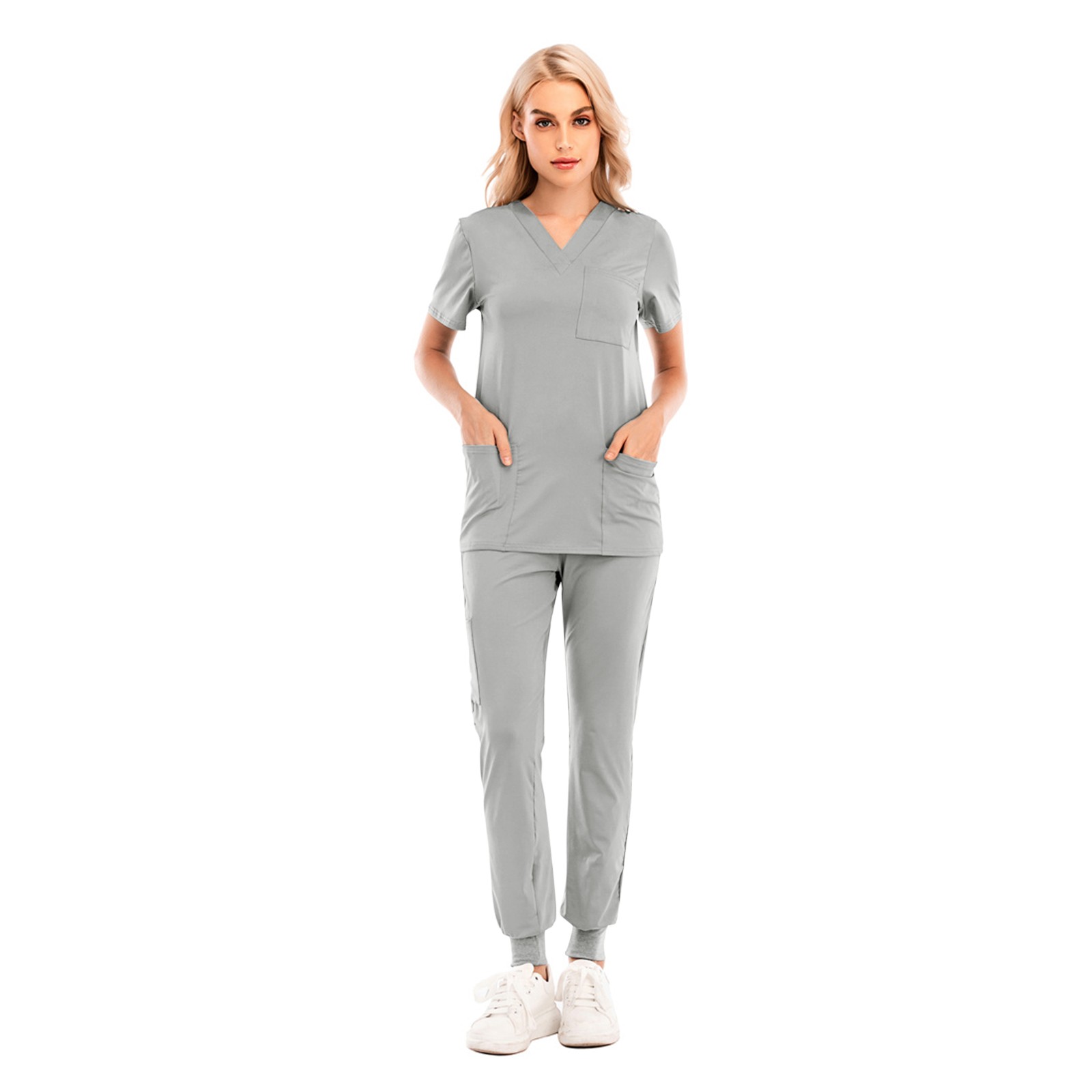 thumbnail image 2 of Conjunto de uniforme de enfermería de 2 piezas para mujer: top de manga corta con cuello en V + pantalones, poliéster, con bolsillo, verde/morado/blanco, tallas S-XXL, tallas asiáticas, 2 of 8